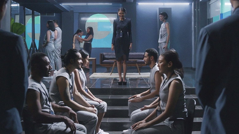 A dimly lit room where a woman stares at a glowing screen, her reflection fractured in the glass.