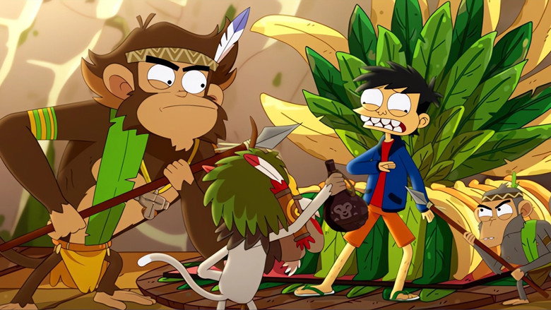 Juki and his family huddled over a treasure map, their faces lit with a mix of excitement and skepticism