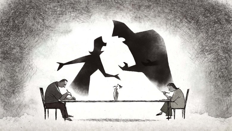 Two shadowy figures sit at opposite ends of a table, the space between them thick with unspoken grief.