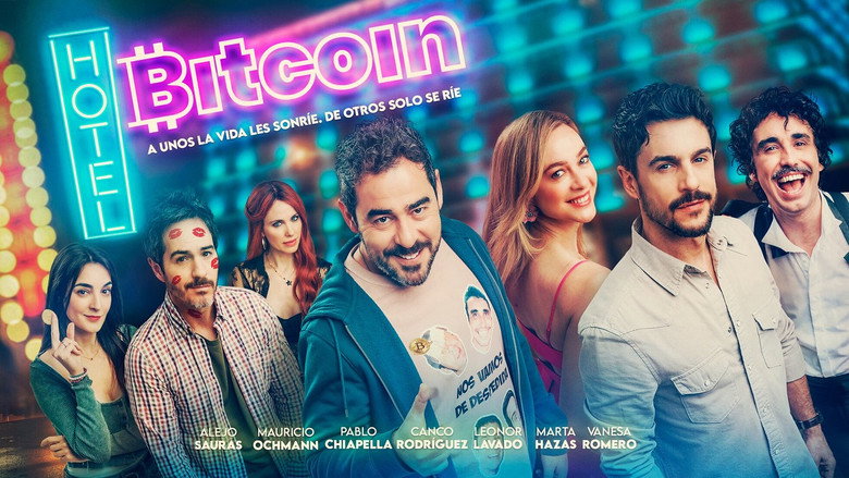 Four friends huddle around a laptop in a dimly lit hotel suite, their faces lit by the glow of a Bitcoin wallet balance.