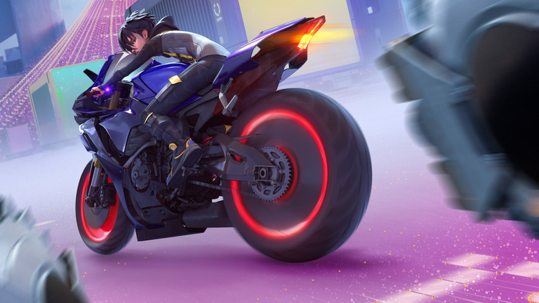 A lone biker speeds through a neon-lit Tokyo alley, drones swarming overhead like mechanical insects.