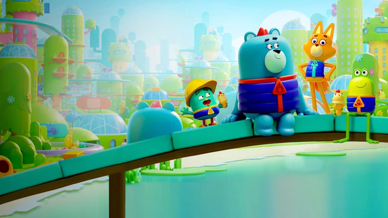 A team of animal heroes in bright uniforms stand atop a speeding rescue vehicle, the city's towering trees stretching into the distance