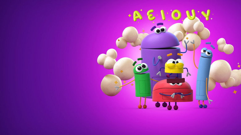A vibrant, neon-lit classroom where the StoryBots stand in a line, their glowing eyes wide with curiosity as they prepare to sing