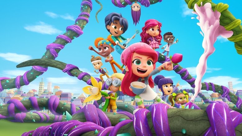 Strawberry Shortcake and her friends gather around a flower float, their faces glowing with excitement and determination.
