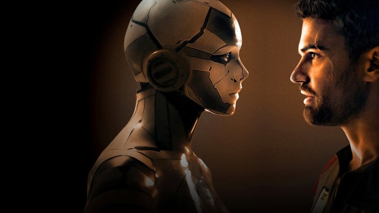 Theo James as George Almore, standing in a dimly lit lab, surrounded by flickering screens and robotic arms, his face half-lit by the glow of a holographic interface.