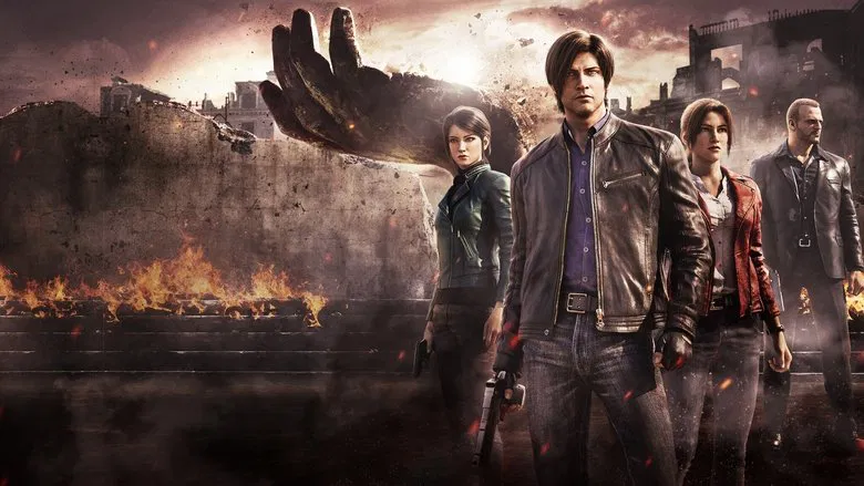 Leon S. Kennedy stands in a dimly lit server room, surrounded by flickering screens and the looming threat of zombies.