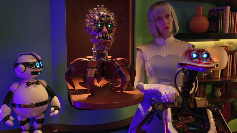 A retrofuturistic living room, cluttered with gadgets and glowing screens, where a group of humans huddle together while robots stand ominously in the background.