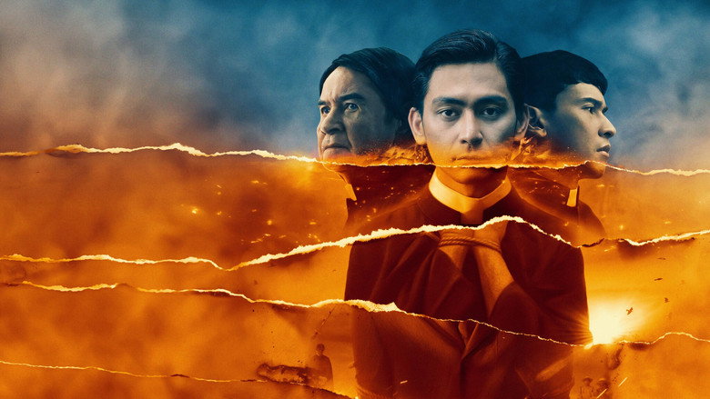 The three priests stand in a dimly lit cell, their faces half-lit by a single lantern, the weight of their impending execution pressing down on them.
