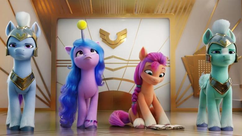A vibrant, sunlit village of Earth Ponies, their homes built into rolling green hills, with Sunny Starscout standing at the center, her mane catching the light.