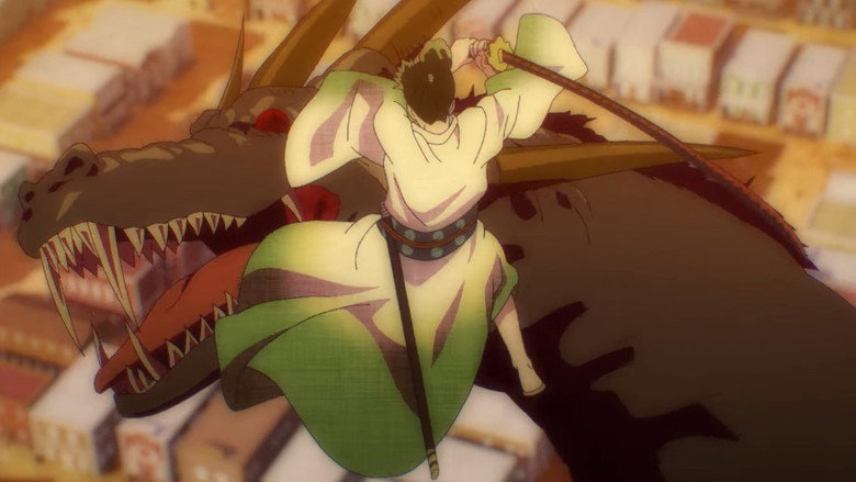 A lone swordsman stands in a misty village, his silhouette sharp against the dim light