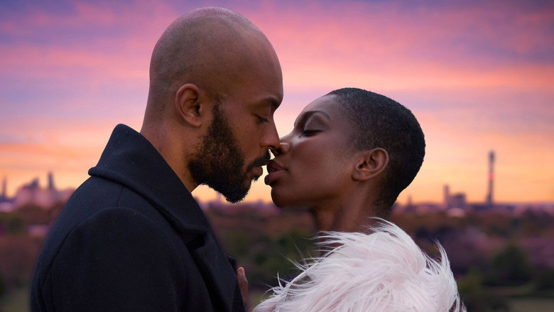 A neon-lit London street at night, with Simone and Raymond standing close, their faces half in shadow