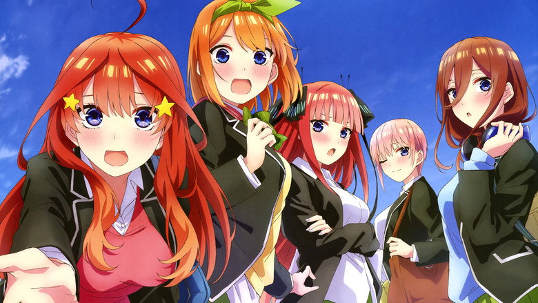 The five Nakano sisters standing in a row, each striking a different pose—smug, shy, determined, playful, and reserved.