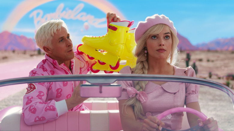 Barbie and Ken driving their pink car out of the perfectly plastic Barbie Land