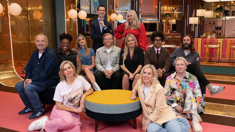 Jimmy Carr watching the monitors in the control room, his face impassive and analytical