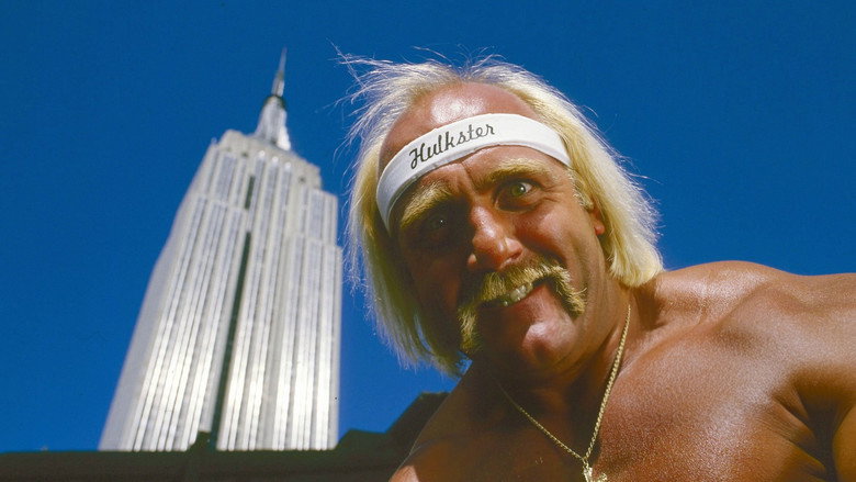 Hulk Hogan mid-flex in the ring, the crowd a blur of red, white, and blue behind him
