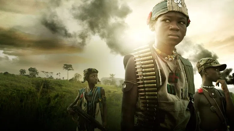 Agu stands alone in a lush, green landscape, the weight of his rifle pulling his small frame downward.