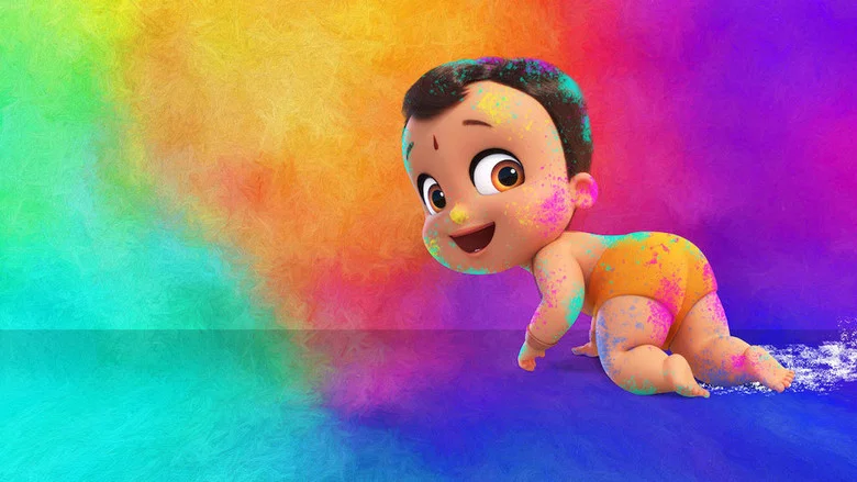 Bheem and his friends covered in vibrant Holi powders, their faces alight with mischief and joy.