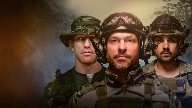 Three soldiers in tactical gear walking through a desert landscape, the sun casting long shadows behind them