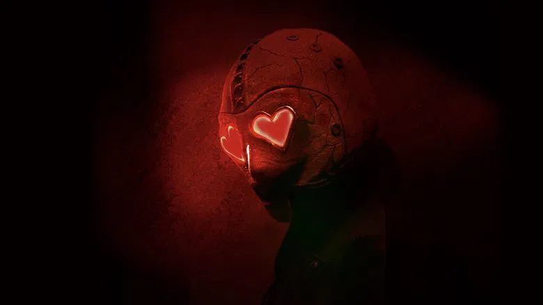 A dimly lit winery at night, the Heart Eyes Killer’s glowing red mask visible in the shadows as Ally and Jay huddle behind a barrel.