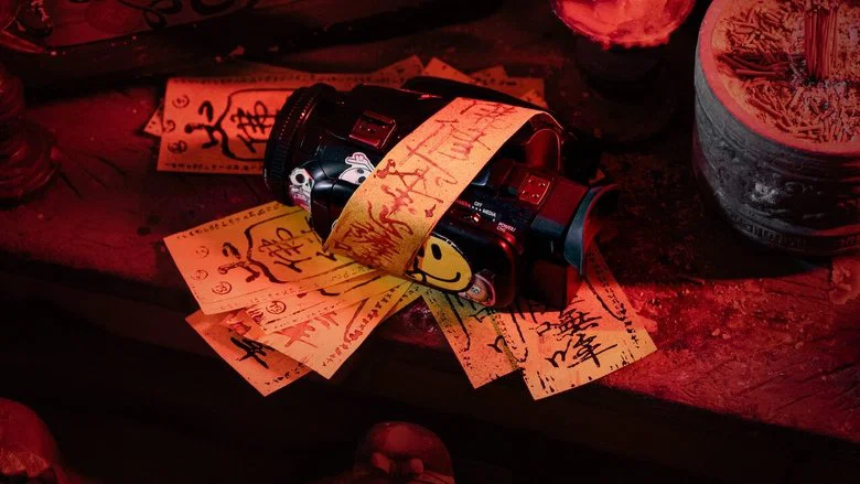 A dimly lit room, the camera angled low, capturing a figure hunched over a ritual object, their face obscured by shadow.