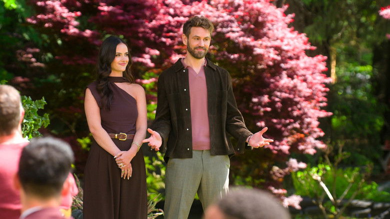 A low-angle shot of a couple arguing near a dimly lit swimming pool