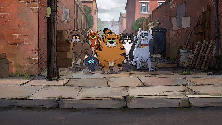 A scruffy alley cat mid-sentence, its mouth open in a snarl, surrounded by other cats looking unimpressed