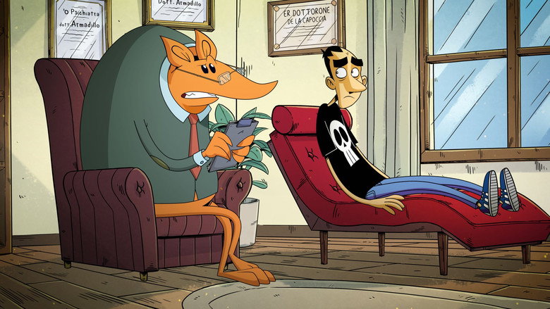 A dimly lit room where Zerocalcare's animated self sits at a table, his face half in shadow, while the Armadillo looms over him, its spiky shell casting jagged lines across the wall.