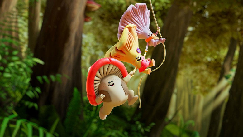 A lush, sun-dappled forest glade where tiny mushroom houses sprout from the mossy ground, their caps glowing softly in the twilight.