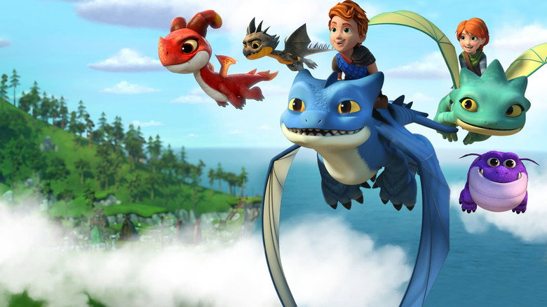 The Rescue Riders soar over a misty coastline, their dragons gliding in formation against a pastel sky.