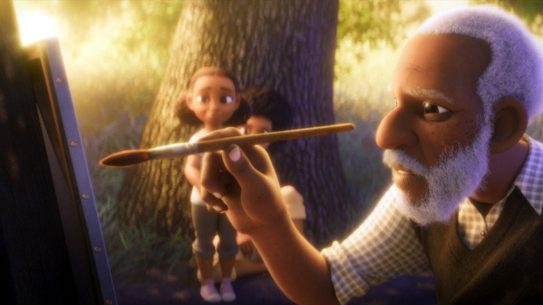 A grandfather sits at his easel, staring at a blank canvas while his granddaughter watches from the doorway, her small hand clutching a paintbrush.