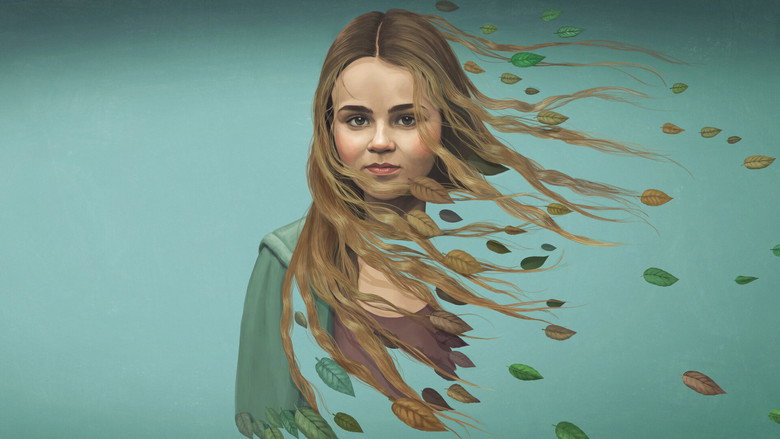 A lone figure in a hoodie stands at the edge of a dense forest, the trees towering over her like silent sentinels.