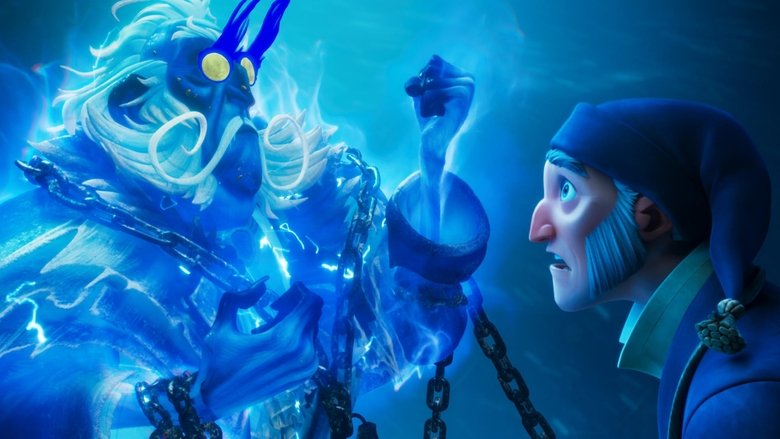 A shadowy Ebenezer Scrooge stands in his counting house, the ghostly visage of Jacob Marley looming over him in chains