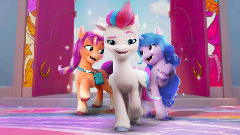 A group of ponies standing together in a vibrant, sunlit meadow, their manes and tails flowing in the wind