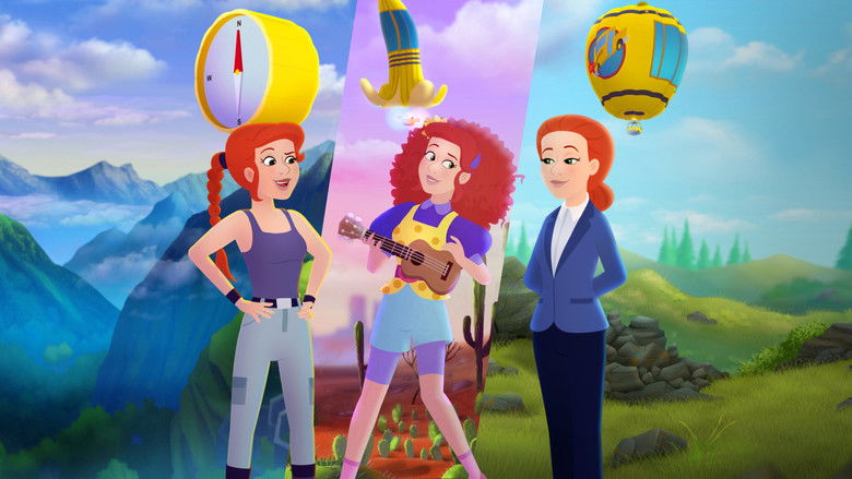 The Magic School Bus splits into three glowing fragments against a stormy sky, each carrying a different version of Ms. Frizzle.
