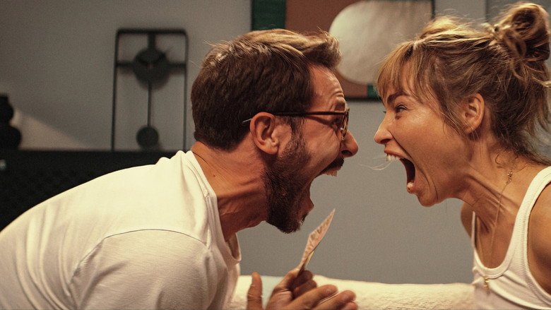 A tense dinner scene where Natalia and Piotr sit across from each other, their smiles too wide, their eyes too sharp, as if daring the other to make the first move.