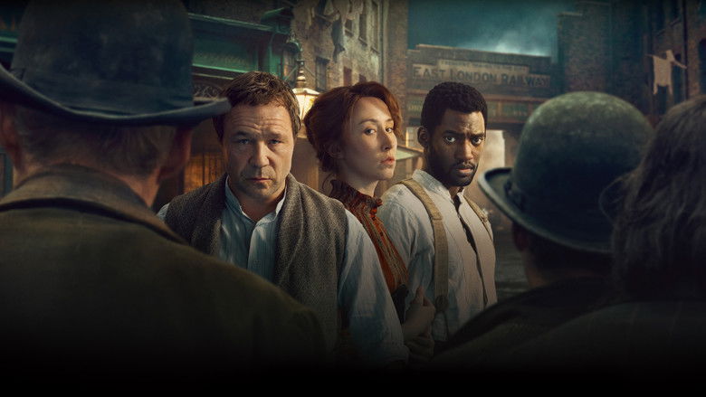 Two men standing in a dimly lit Victorian street