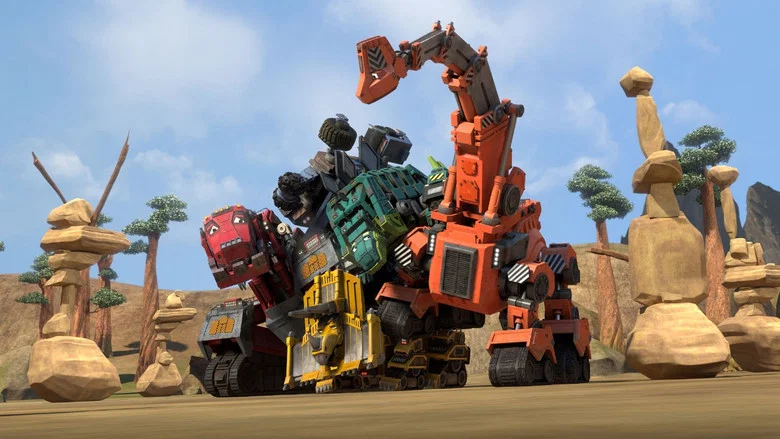A vast, sunbaked canyon where Ty Rux, the T-Rex/excavator hybrid, stands with his tiny Reptool friend Revvit perched on his shoulder, surveying the landscape.