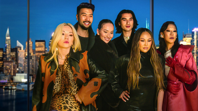 A lavish penthouse party, golden light spilling across marble floors, the cast posing like mannequins in designer outfits