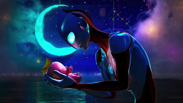 Ken Sato cradles the baby kaiju in a quiet moment, the neon glow of Tokyo reflecting in its wide, curious eyes