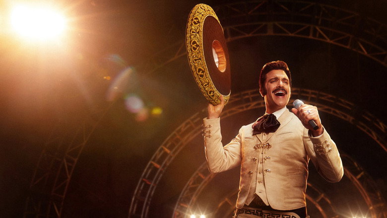 A young Vicente Fernández stands in a dimly lit cantina, microphone in hand, his expression a mix of determination and vulnerability.
