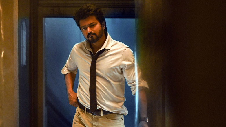 A split-screen moment where Vijay’s older and younger selves face off, the de-aging technology flickering just enough to remind you it’s a trick