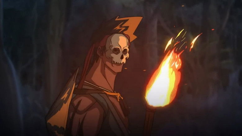 A shadowy figure in tattered robes stands before a crumbling temple, his skeletal face half-lit by firelight, the other half shrouded in darkness.