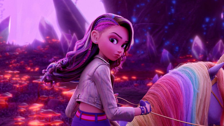 A close-up of Sophia’s hand brushing against her unicorn’s glowing horn, the light reflecting in her wide, uncertain eyes.