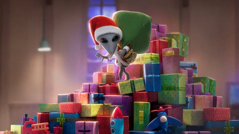A tiny alien, X, perched on a branch, gazing at a snowy Christmas village below