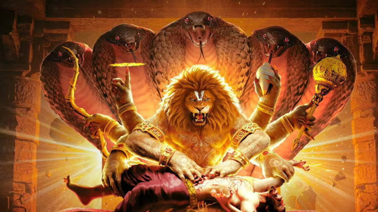 A colossal, half-man, half-lion deity emerges from a pillar of fire, claws outstretched, as a demon king recoils in terror