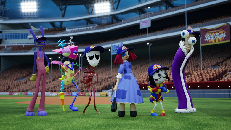 Pomni looking panicked and distressed against a bright, cheerful backdrop