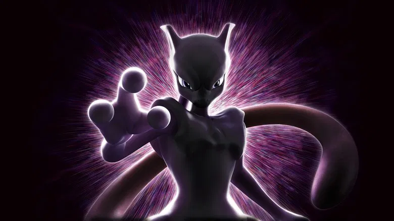 Mewtwo looms over Ash and Pikachu, his expression a mix of sorrow and fury