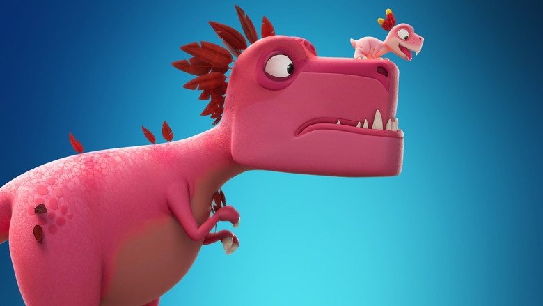 A T-Rex mother looms protectively over her two mischievous children, their tiny arms flailing as they tumble into a muddy riverbed.