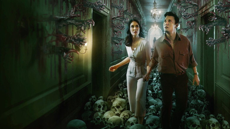 A dimly lit hotel corridor, its walls stained with age, the camera lingering on a door slightly ajar at the end of the hall.