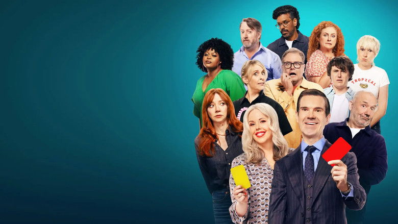 The contestants sitting in the stark, colorful living room set looking stoic and strained